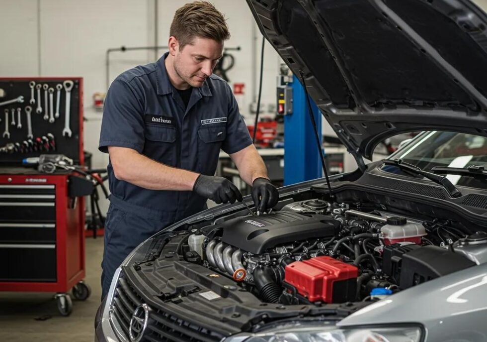 Mechanic working on a car engine in a professional auto repair shop