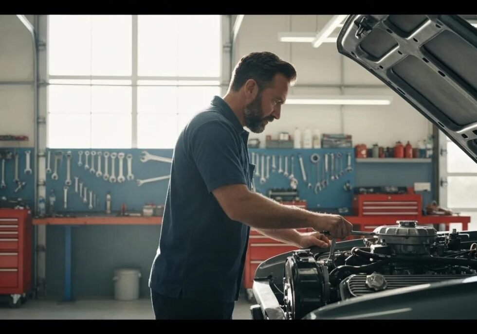 Skilled mechanic meticulously working on a vehicle's engine in a professional Fort Lauderdale auto repair facility