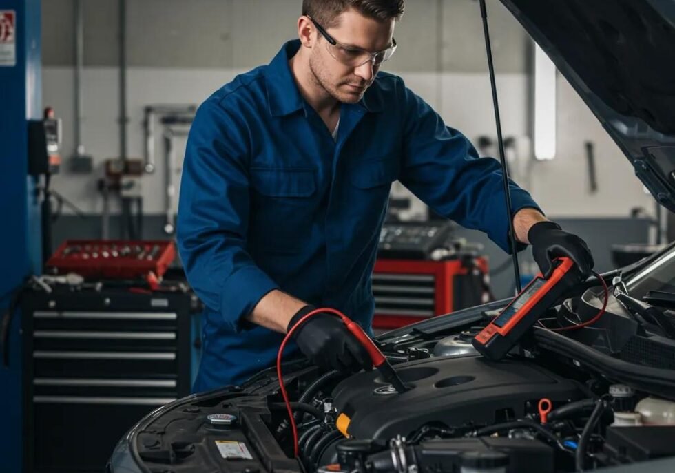 Mechanic examining car engine with diagnostic tools for optimal performance