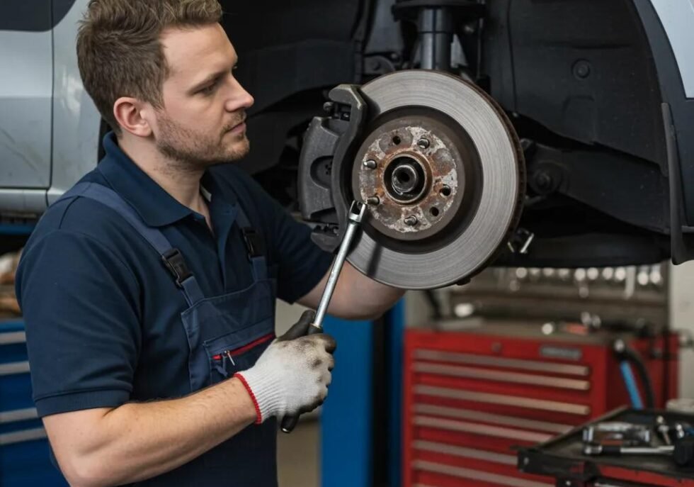 Mechanic examining car brakes in an auto repair shop, highlighting skill and vehicle safety