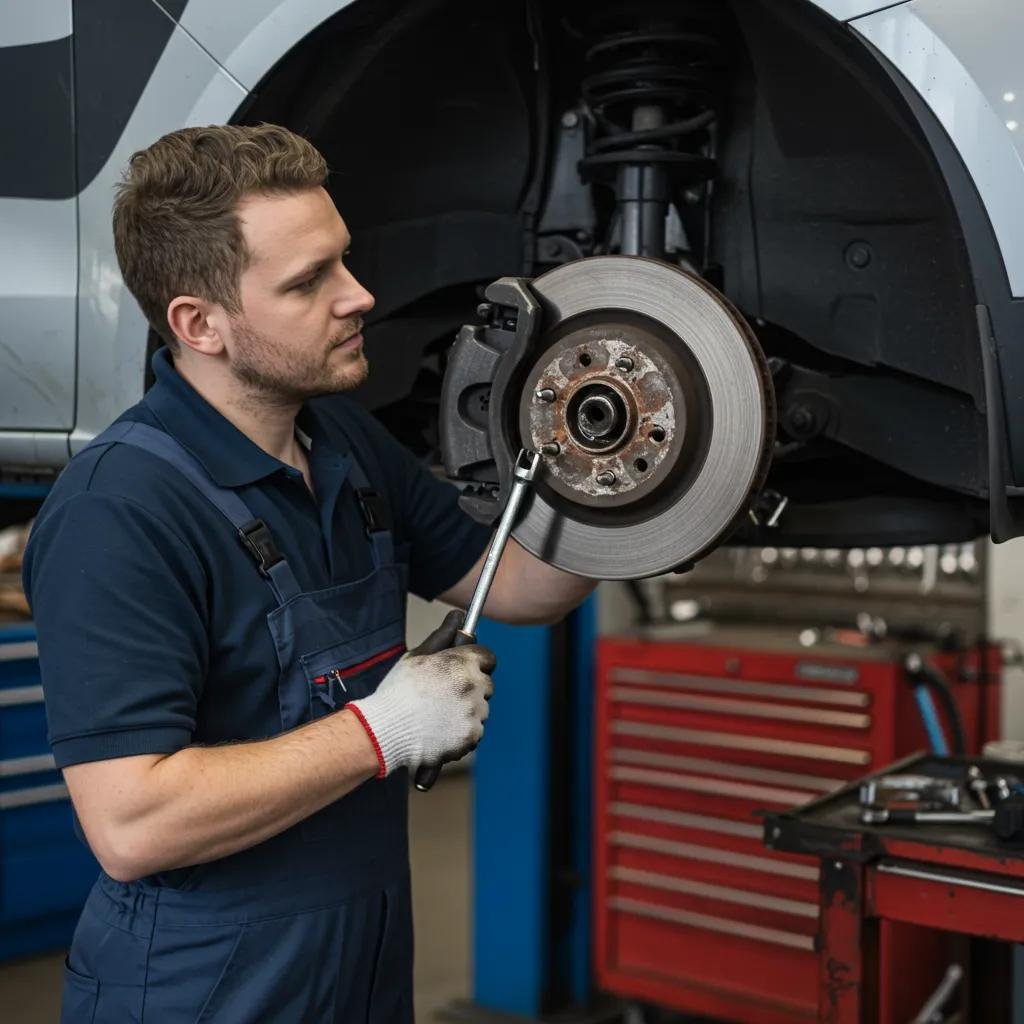 Afordable tire deals: Mechanic examining car brakes in an auto repair shop, highlighting skill and vehicle safety