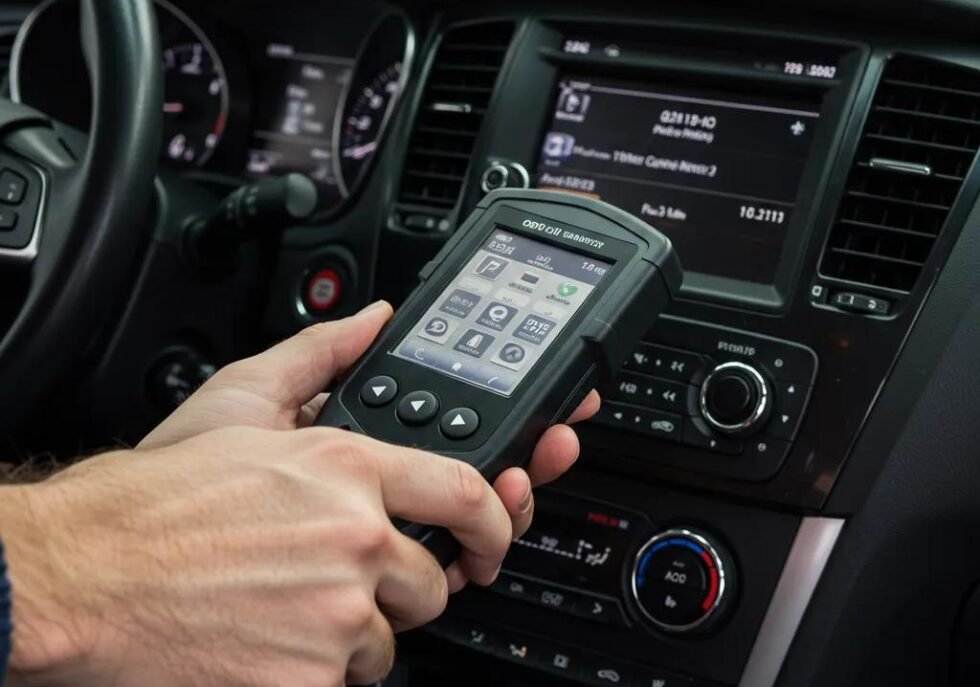Mechanic using an OBD-II scanner on a car's dashboard, illustrating the engine diagnostics process