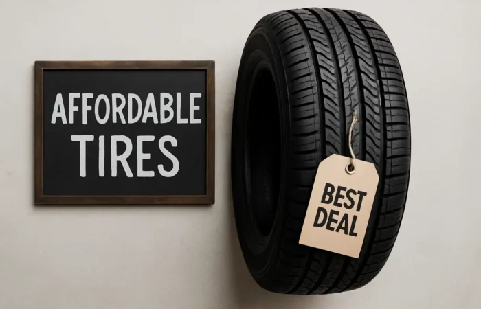 A tire with a "Best Deal" price tag next to a chalkboard sign reading "Affordable Tires."