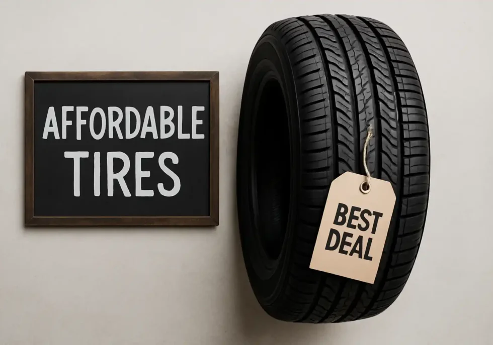 A tire with a "Best Deal" price tag next to a chalkboard sign reading "Affordable Tires."