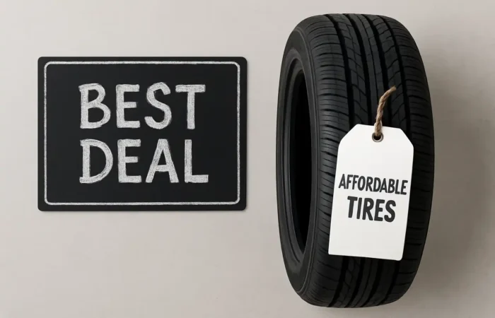 best-deal-affordable-tires-sale-sign Tire with an “Affordable Tires” price tag next to a sign that reads “Best Deal.”