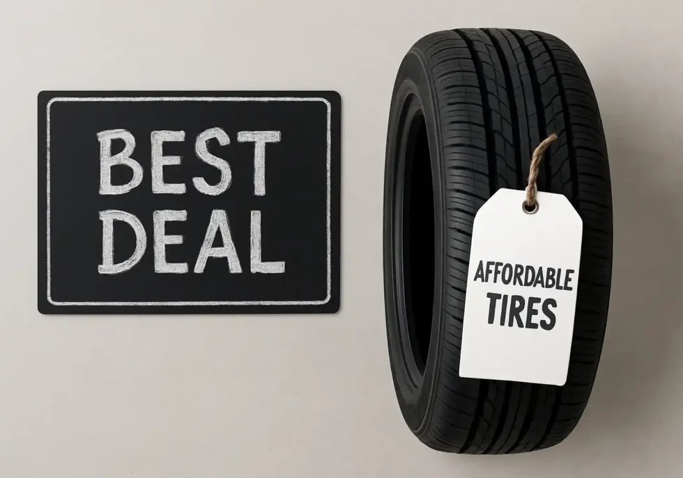 Tire with an “Affordable Tires” price tag next to a sign that reads “Best Deal.”