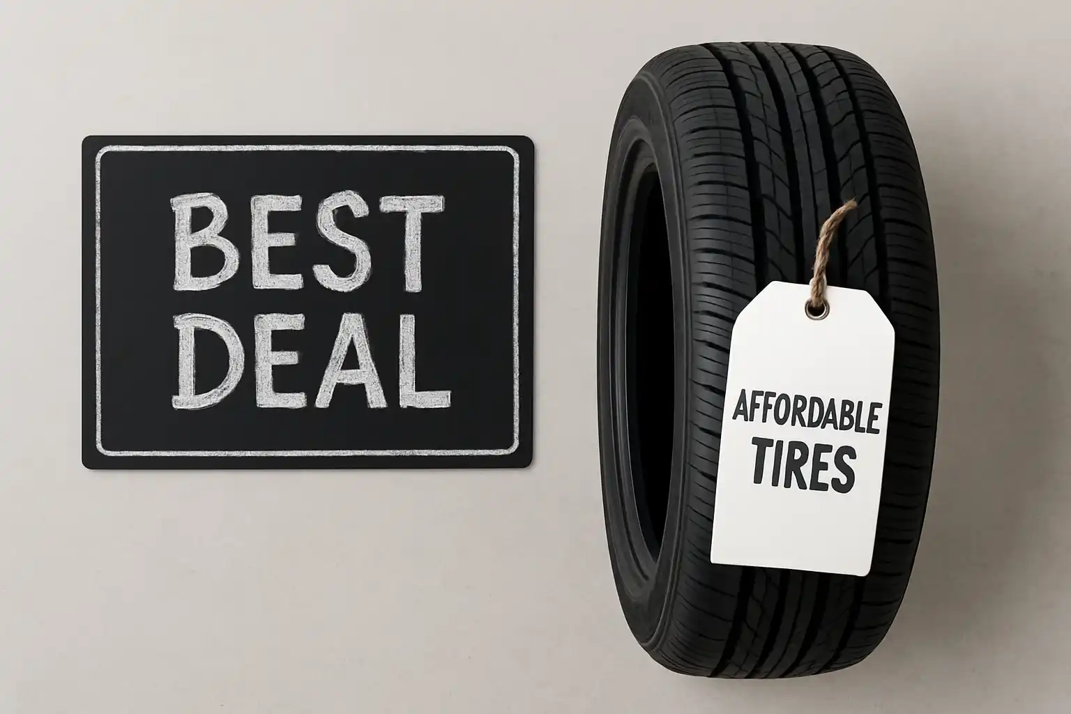 Tire with an “Affordable Tires” price tag next to a sign that reads “Best Deal.”