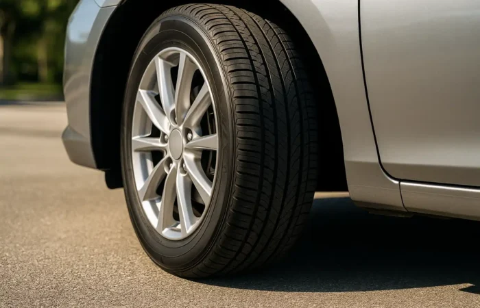 car-front-tire-closeup-on-sunny-day Close-up of a car’s front tire and alloy wheel on a sunny day.