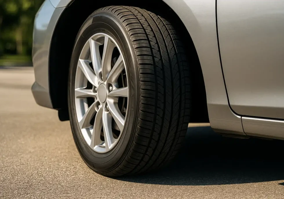Close-up of a car’s front tire and alloy wheel on a sunny day.