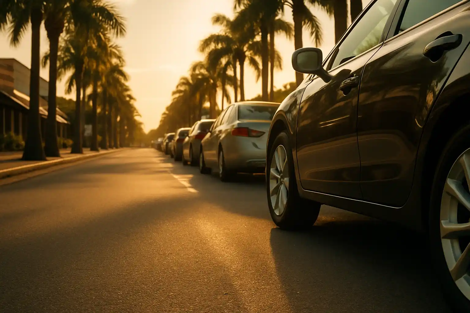 Row of parked cars on a palm-lined street in Fort Lauderdale at sunset, highlighting tire detail.