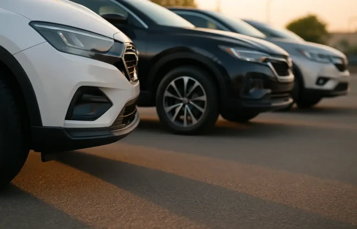 Row of SUVs with focus on front tire from seasonal tires collection and wheels, captured in warm sunset lighting.