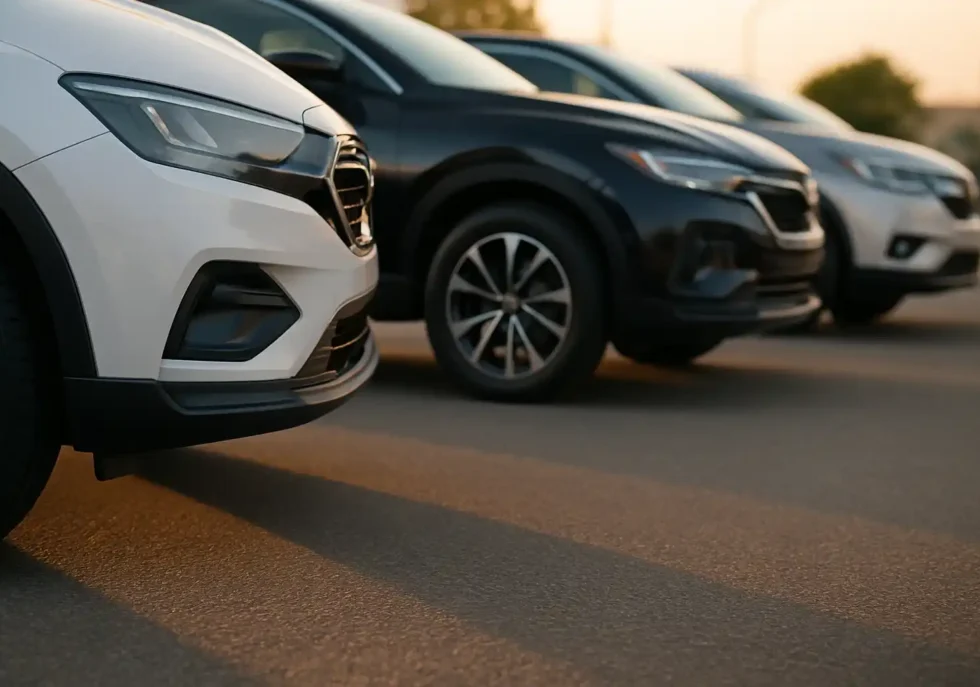Row of SUVs with focus on front tire from seasonal tires collection and wheels, captured in warm sunset lighting.