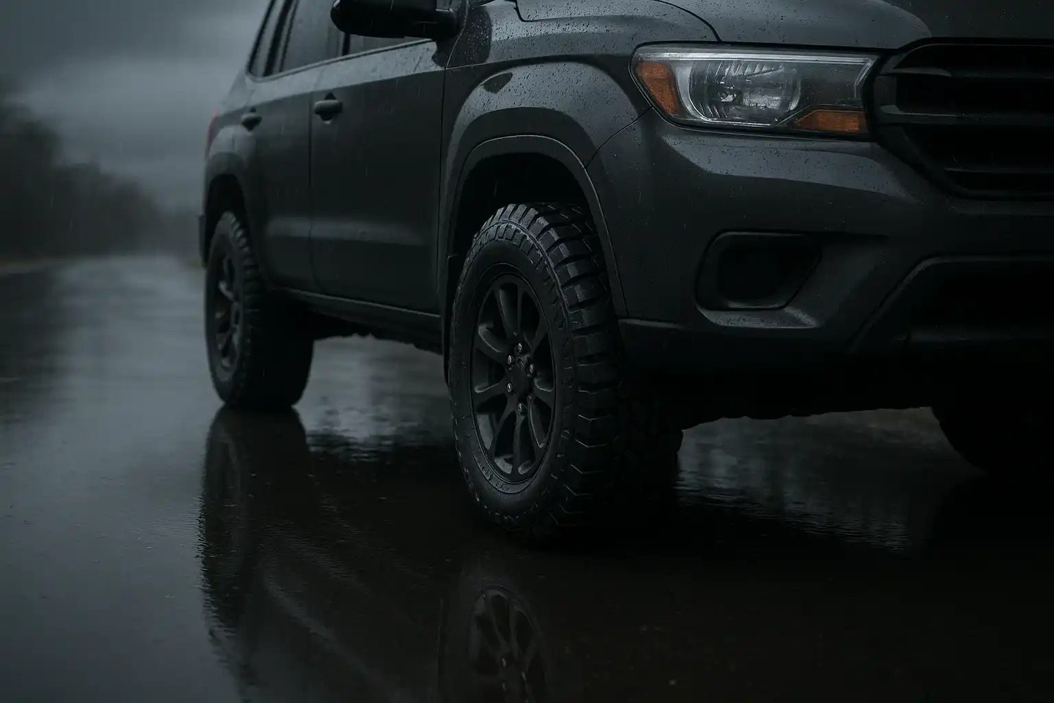 Close-up of SUV with off-road tires on wet asphalt, showing tread and reflection.