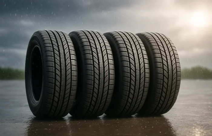 stack-of-rain-ready-tires-on-wet-pavement Four new tires lined up on wet pavement with dark rain clouds in the background.
