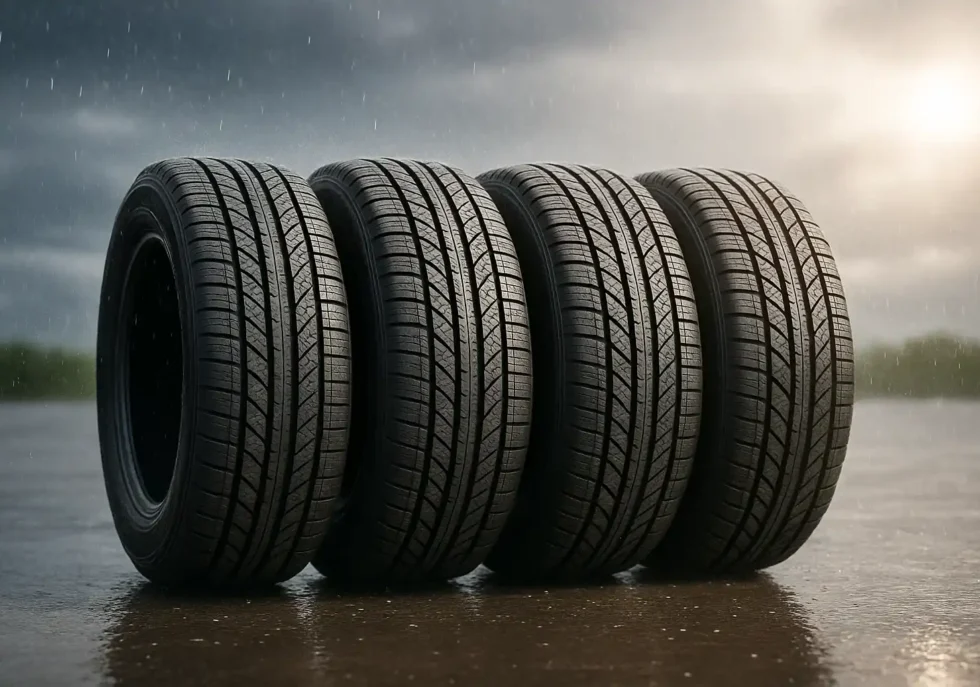 Four new tires lined up on wet pavement with dark rain clouds in the background.
