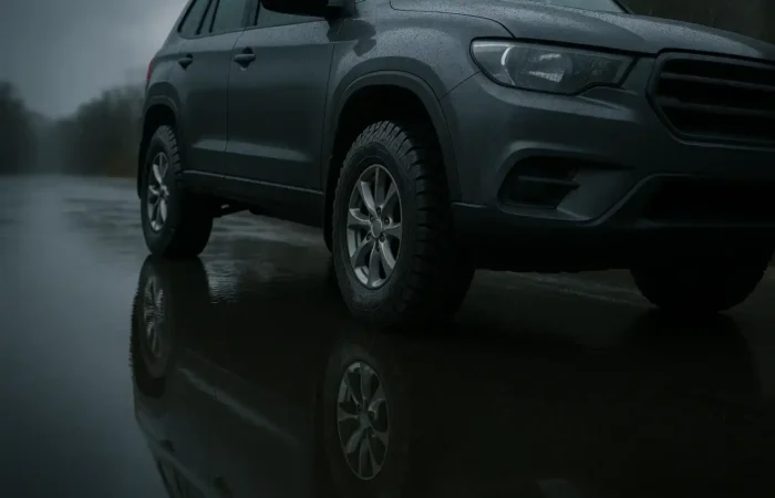SUV equipped with all-terrain All-season tires parked on a wet road with a reflection on the surface.