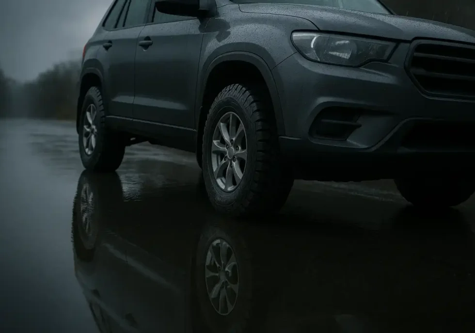 SUV equipped with all-terrain All-season tires parked on a wet road with a reflection on the surface.
