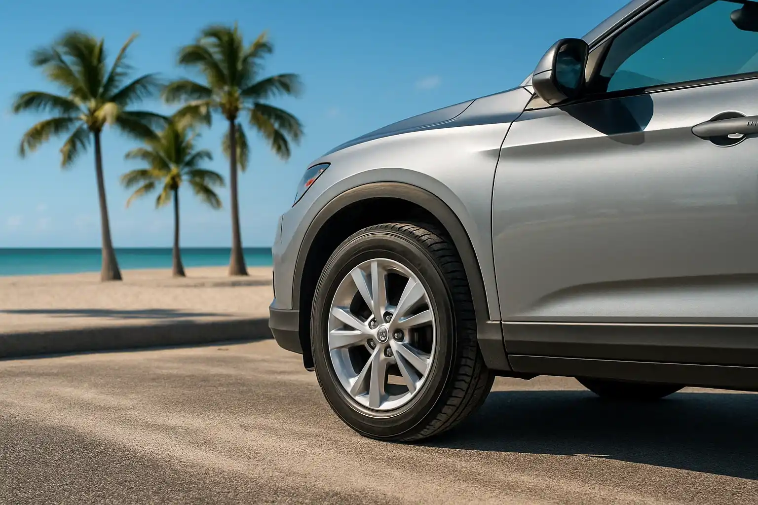 Close-up of SUV tire parked near the beach with palm trees and blue sky in Fort Lauderdale.