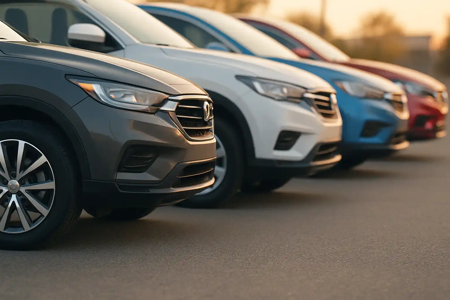 Multiple SUVs in different colors lined up with focus on tires and rims in evening light.