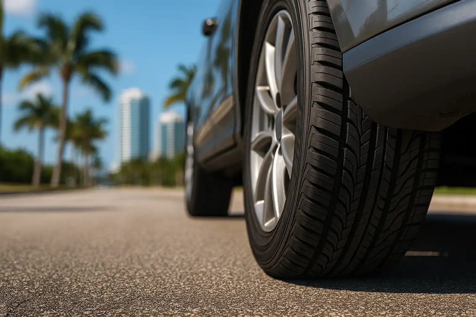 Affordable Tire Deals: Close-up of a car tire and alloy wheel on a palm-lined street in Fort Lauderdale.