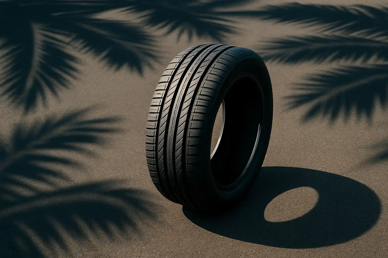 Affordable tire deals: Single tire on pavement with dramatic palm tree shadows cast across the surface.