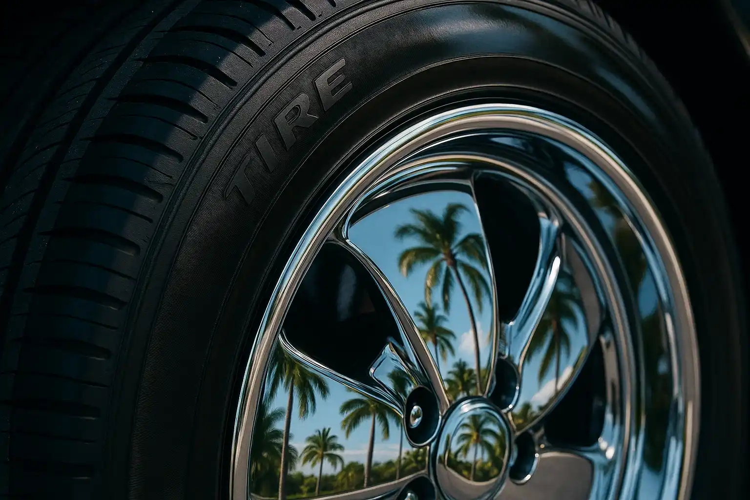 Close-up of a chrome wheel reflecting palm trees, mounted on a clean tire.