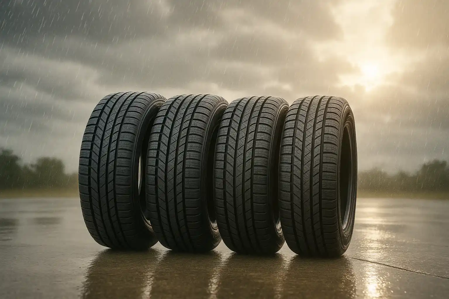 Four new all-season tires standing upright on wet pavement during light rain.
