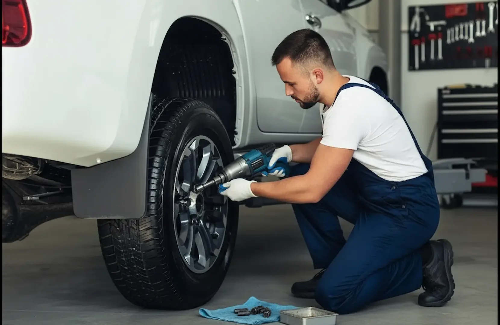 Best tire shops: A male mechanic in blue overalls using a cordless impact wrench to change a tire on a white SUV, showcasing the professional equipment used by the best tire shops for wheel alignment and maintenance.