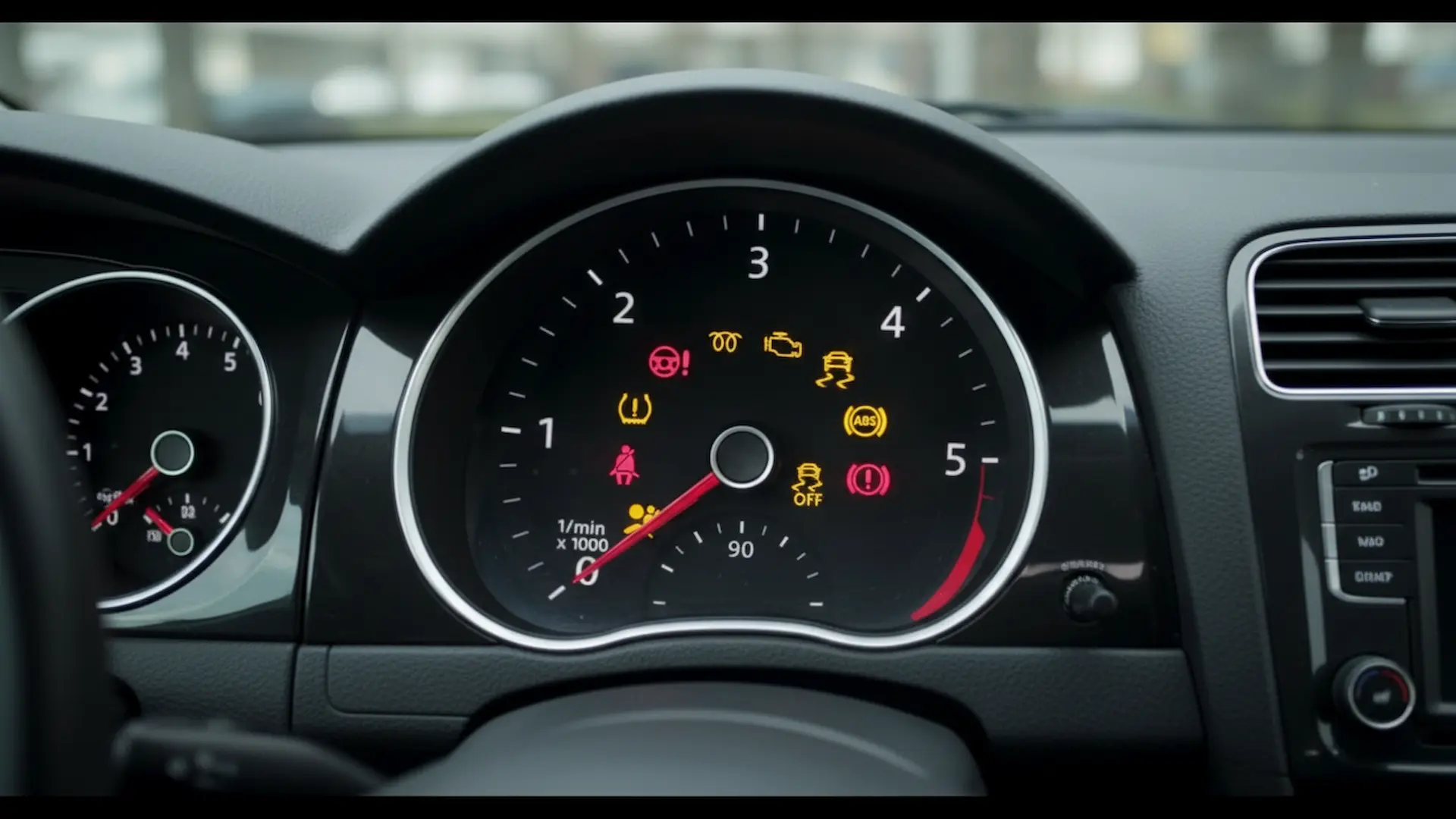 Expert Mechanics: A close-up of a Volkswagen car dashboard showing a tachometer illuminated with several red and yellow warning lights, including the check engine light, ABS, tire pressure, traction control, and steering system symbols.