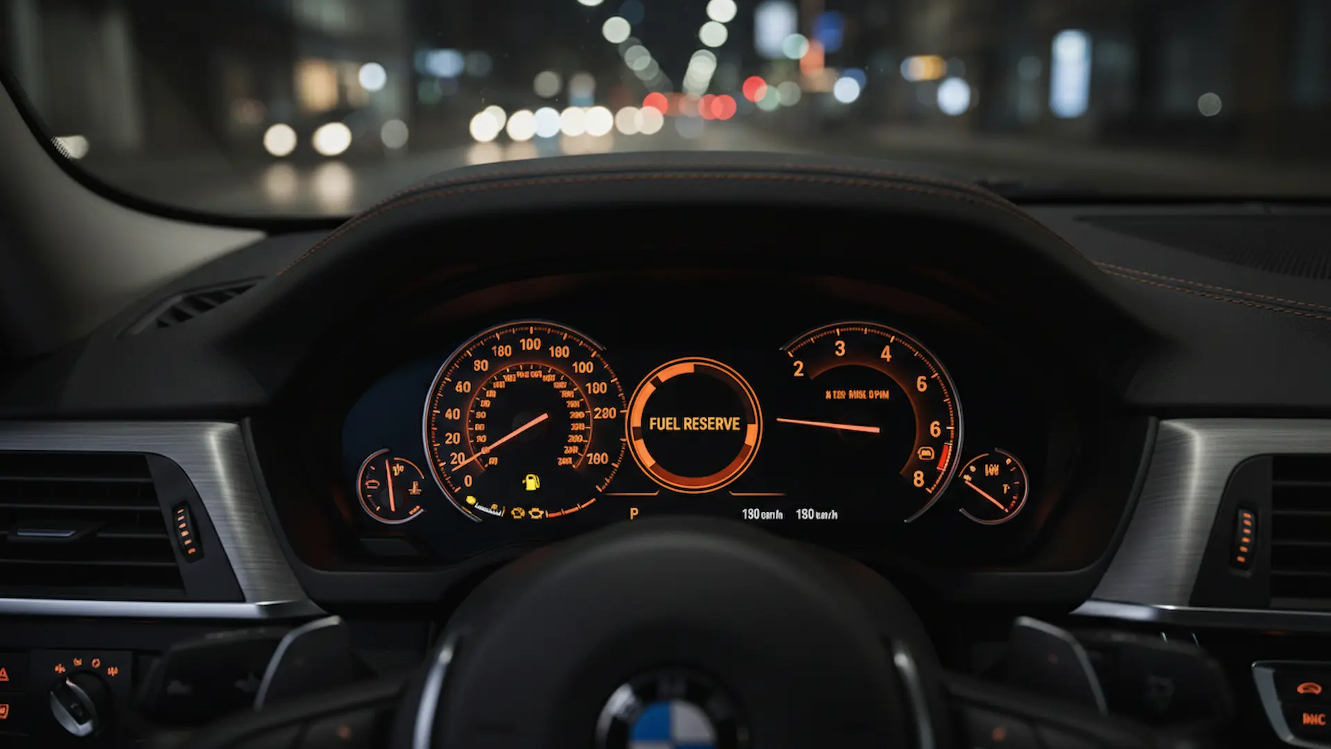 A BMW dashboard displaying a Fuel Reserve warning and engine lights at night, highlighting the need for professional diagnostic services at Southport Auto Repair.