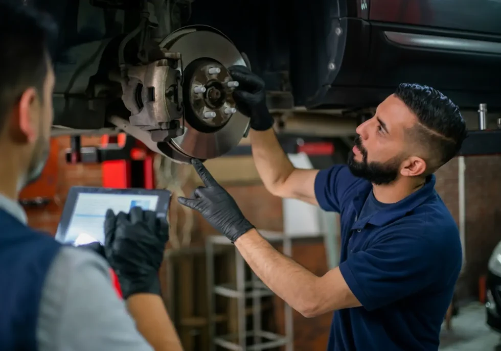 Brake replacement: A mechanic in black gloves pointing at a car's brake rotor while another technician records data on a tablet.