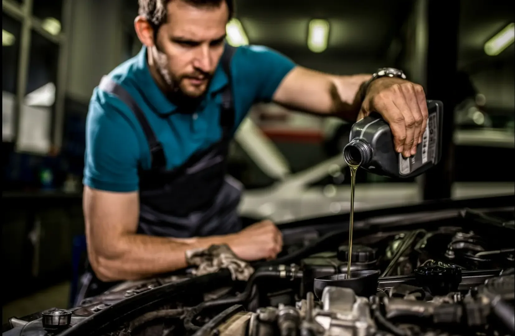 Signs Your Vehicle Requires Immediate Repair:A mechanic in grey overalls carefully pouring fresh motor oil into a car engine from a black container.