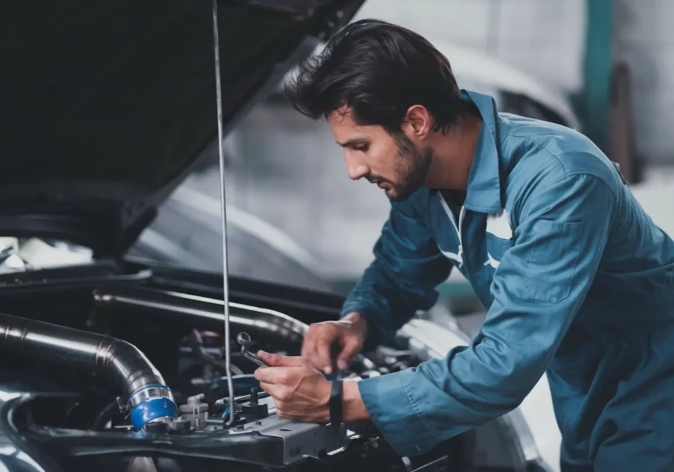 Vehicle Maintenance: A male auto technician in a blue uniform leaning over an open car hood to inspect engine components.