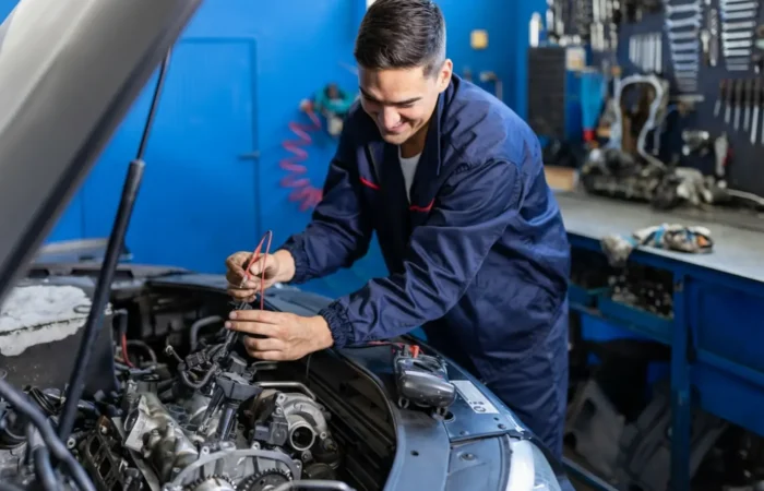 Mechanic Services: A young mechanic using a multimeter to test the electrical wiring and sensors in a modern car engine bay.