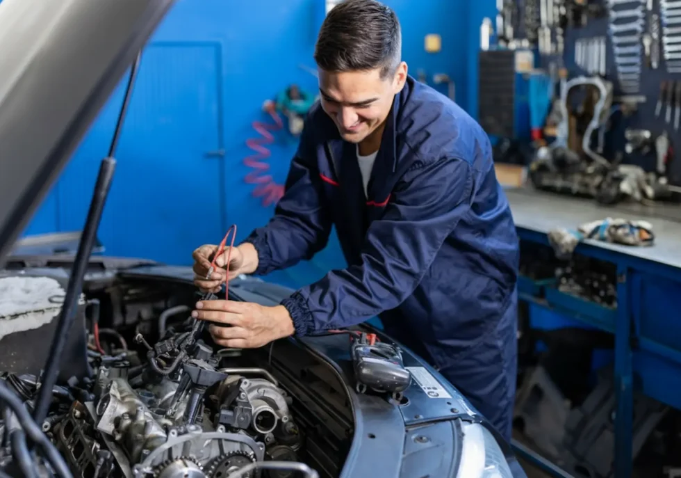 Mechanic Services: A young mechanic using a multimeter to test the electrical wiring and sensors in a modern car engine bay.