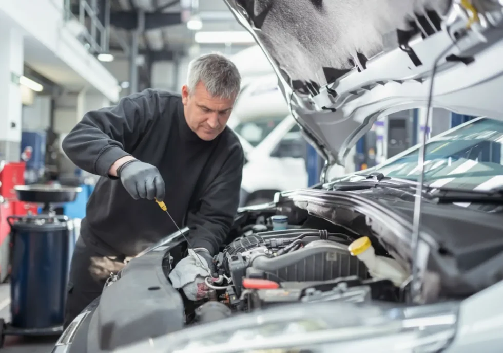 Immediate Repair : A senior mechanic in a black sweater checking the oil dipstick of a white vehicle in a professional garage.