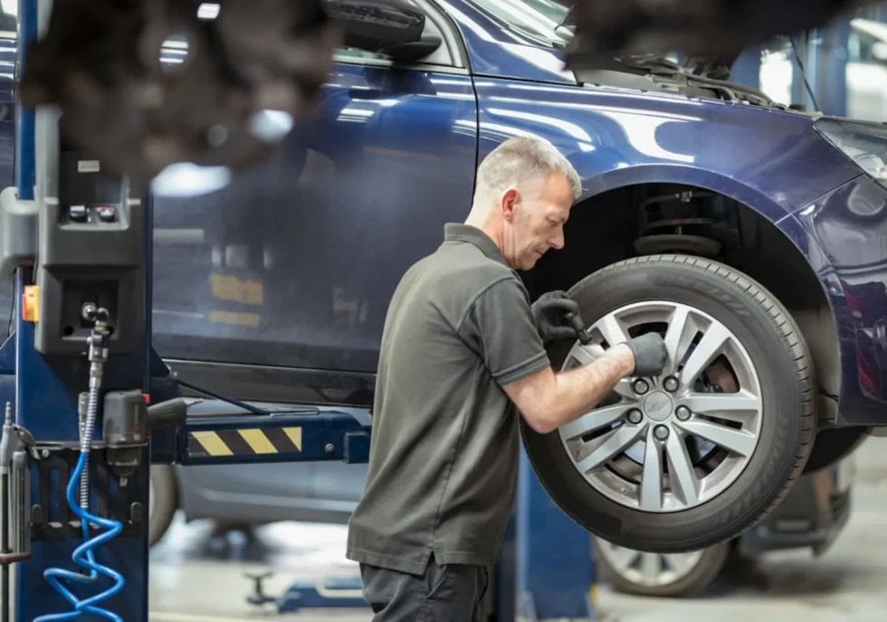 Immediate repair: A technician in a dark polo shirt checking the lug nuts and alignment of a silver alloy wheel on a lifted car.