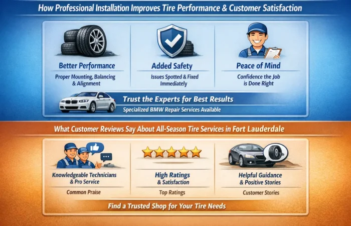 An infographic titled "How Professional Installation Improves Tire Performance & Customer Satisfaction" and "What Customer Reviews Say About All-Season Tire Services in Fort Lauderdale," divided into two horizontal sections. The top blue section emphasizes that professional installation leads to better performance through proper mounting and alignment, added safety by fixing issues immediately, and peace of mind for the customer. The bottom orange section highlights positive customer feedback, featuring five-star ratings, praise for knowledgeable technicians, and helpful guidance through customer stories. The graphic includes illustrations of tires, a luxury car, a shield icon, a smiling mechanic, and five gold stars to represent high-quality automotive service.