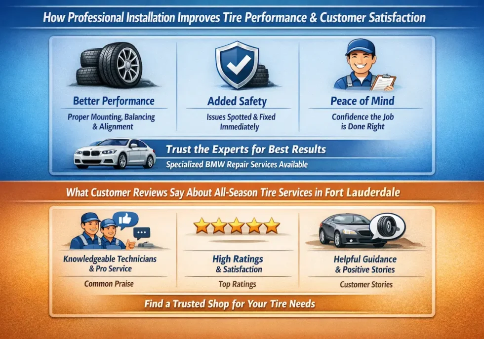 An infographic titled "How Professional Installation Improves Tire Performance & Customer Satisfaction" and "What Customer Reviews Say About All-Season Tire Services in Fort Lauderdale," divided into two horizontal sections. The top blue section emphasizes that professional installation leads to better performance through proper mounting and alignment, added safety by fixing issues immediately, and peace of mind for the customer. The bottom orange section highlights positive customer feedback, featuring five-star ratings, praise for knowledgeable technicians, and helpful guidance through customer stories. The graphic includes illustrations of tires, a luxury car, a shield icon, a smiling mechanic, and five gold stars to represent high-quality automotive service.