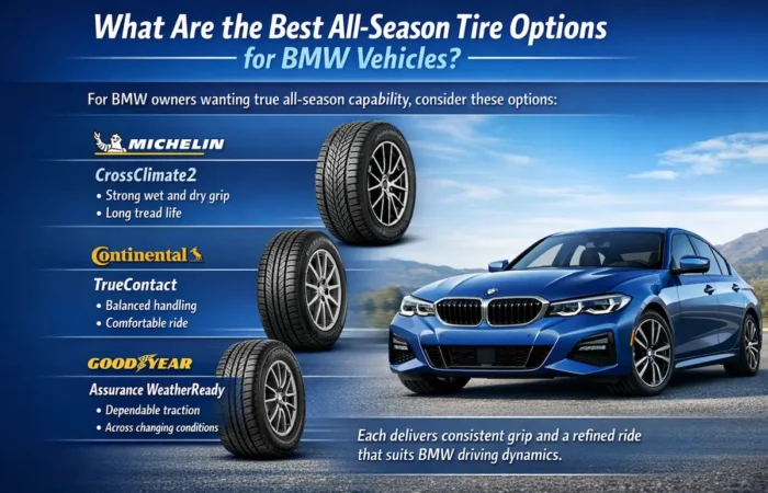 This infographic, titled "What Are the Best All-Season Tires Options for BMW Vehicles?", showcases three recommended tire models tailored for BMW driving dynamics alongside an image of a blue BMW sedan. The first option is the Michelin CrossClimate2, which features a strong wet and dry grip and long tread life. The second is the Continental TrueContact, noted for providing balanced handling and a comfortable ride. The third recommendation is the Goodyear Assurance WeatherReady, highlighted for its dependable traction across changing weather conditions. The graphic concludes by stating that each of these tires delivers the consistent grip and refined ride required to suit the specific performance needs of BMW owners.