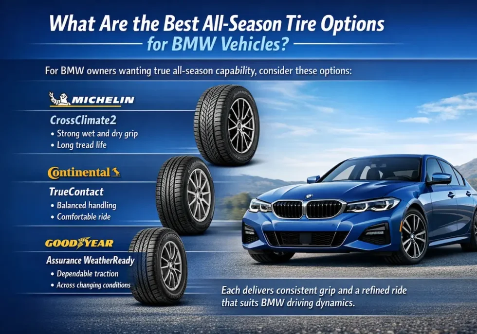This infographic, titled "What Are the Best All-Season Tires Options for BMW Vehicles?", showcases three recommended tire models tailored for BMW driving dynamics alongside an image of a blue BMW sedan. The first option is the Michelin CrossClimate2, which features a strong wet and dry grip and long tread life. The second is the Continental TrueContact, noted for providing balanced handling and a comfortable ride. The third recommendation is the Goodyear Assurance WeatherReady, highlighted for its dependable traction across changing weather conditions. The graphic concludes by stating that each of these tires delivers the consistent grip and refined ride required to suit the specific performance needs of BMW owners.