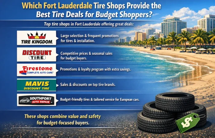 This infographic, titled "Which Fort Lauderdale Tire Shops Provide the Best Tire Deals for Budget Shoppers?", features a list of top tire shops in Fort Lauderdale offering great deals against a backdrop of a local beach. The list includes Tire Kingdom, highlighted for its large selection and frequent promotions for tires and installation; Discount Tire, noted for competitive prices and seasonal sales for budget buyers; Firestone Complete Auto Care, which offers promotions and a loyalty program with extra savings; Mavis Discount Tire, recognized for sales and discounts on top tire brands; and Southport Auto Repair, which provides budget-friendly tires and tailored service for European cars. The graphic concludes by stating that these shops combine value and safety for budget-focused buyers and features an image of a stack of tires with a green price tag in the foreground.