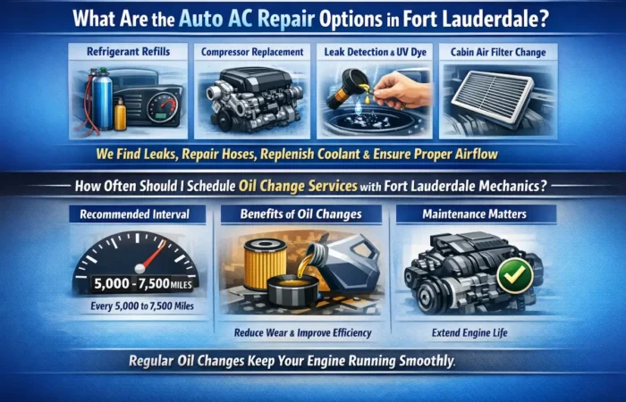 This informational infographic, titled "What Are the Auto AC Repair Options in Fort Lauderdale?" and "How Often Should I Schedule Oil Change Services with Fort Lauderdale Mechanics?," outlines key automotive maintenance services. The top section features illustrations for AC repair options, including refrigerant refills, compressor replacement, leak detection with UV dye, and cabin air filter changes. The bottom section focuses on oil change services, recommending a maintenance interval of every 5,000 to 7,500 miles to reduce wear, improve efficiency, and extend engine life. The graphic uses a clean blue design with high-quality icons of engines, oil filters, and gauges to emphasize that regular maintenance keeps engines running smoothly.
