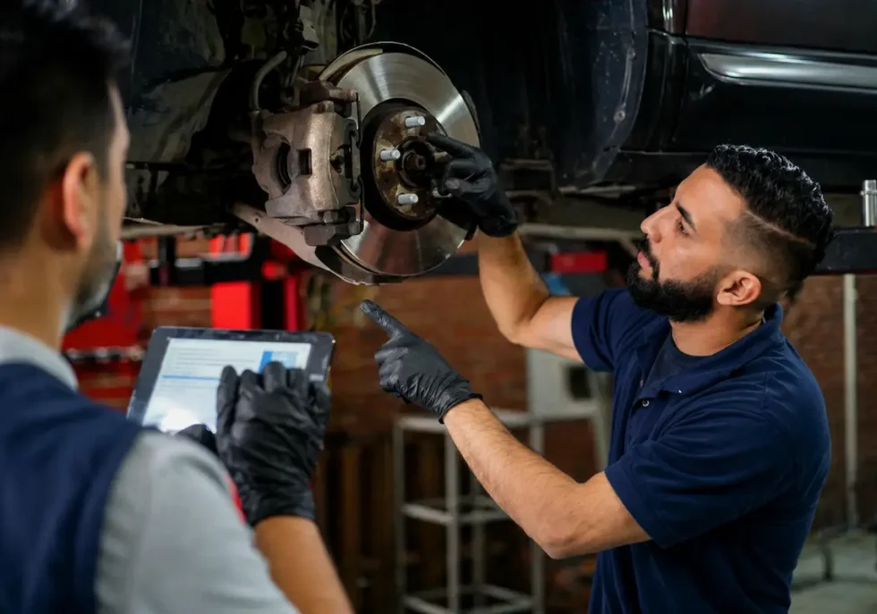 Brake repair service with mechanic inspecting brake rotor and caliper in auto repair shop