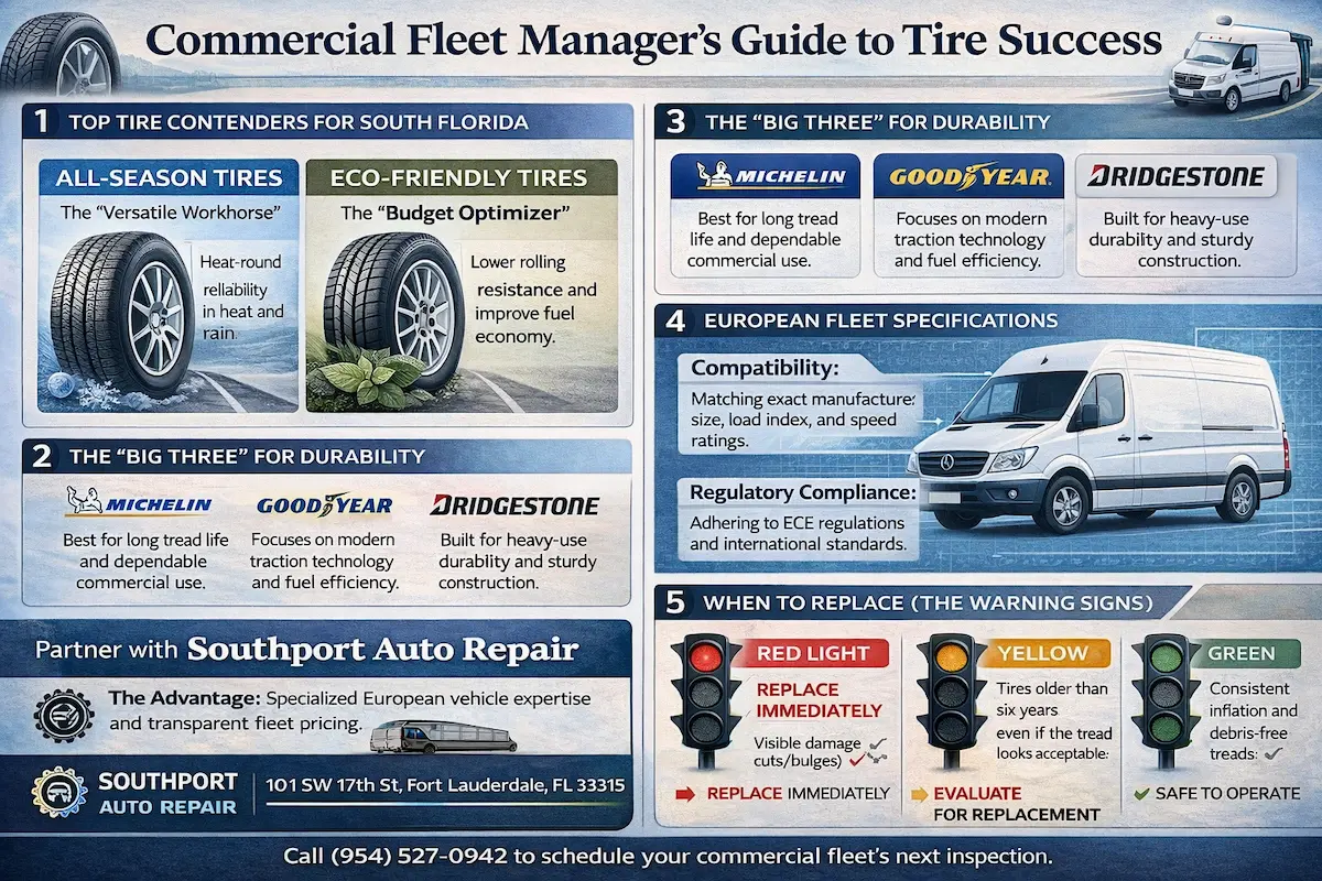 Infographic titled “Commercial Fleet Manager’s Guide to Tire Success” highlighting tire types, top brands, fleet specifications, maintenance schedules, and warning signs for replacement, with Southport Auto Repair contact details.