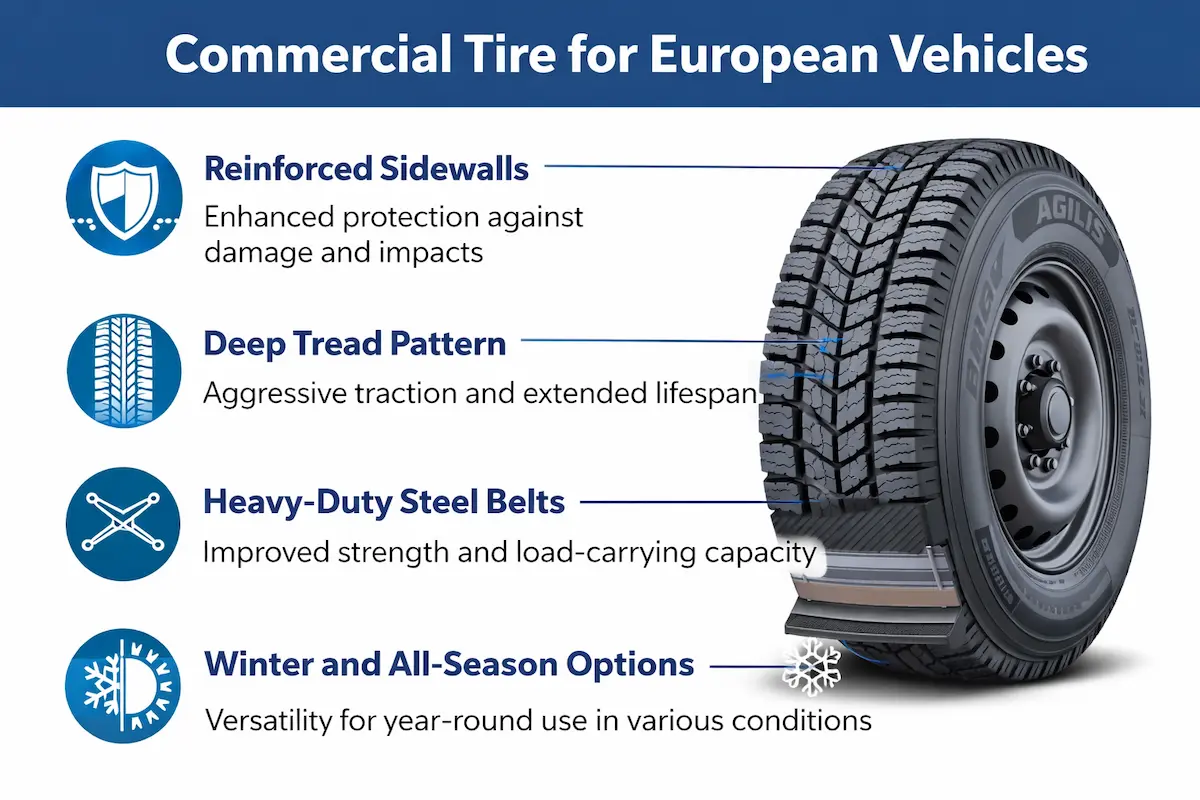 Infographic diagram of a commercial tire for European vehicles showing reinforced sidewalls, deep tread pattern, steel belts, and all-season performance features.