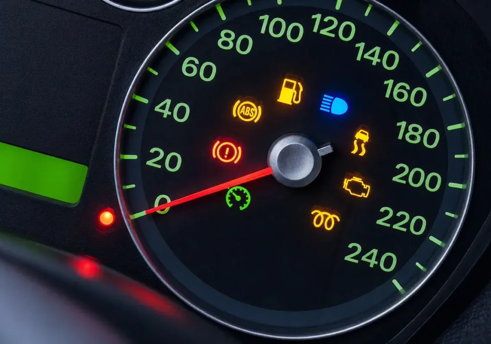 Engine light illuminated on car dashboard with warning indicators including ABS, brake, and traction control