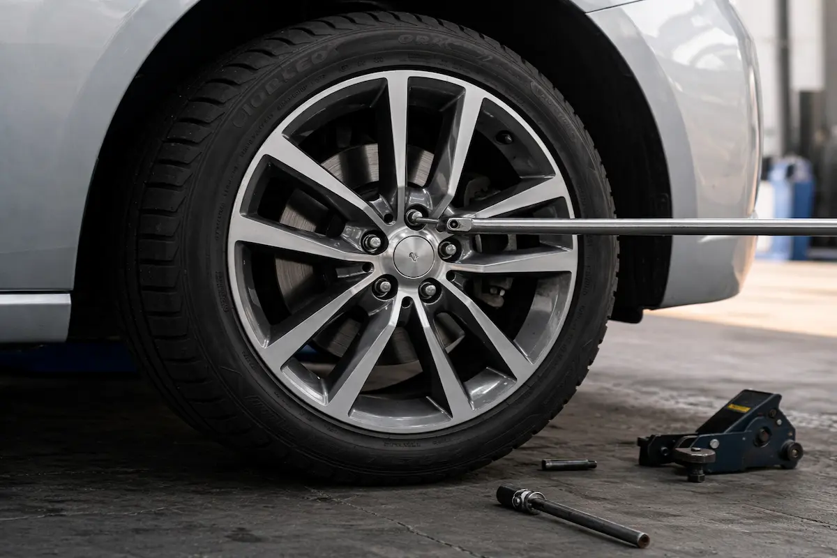 Close-up of a car wheel during tire repair with a mechanic using a wrench to tighten lug nuts while the vehicle is lifted with a jack in a garage.