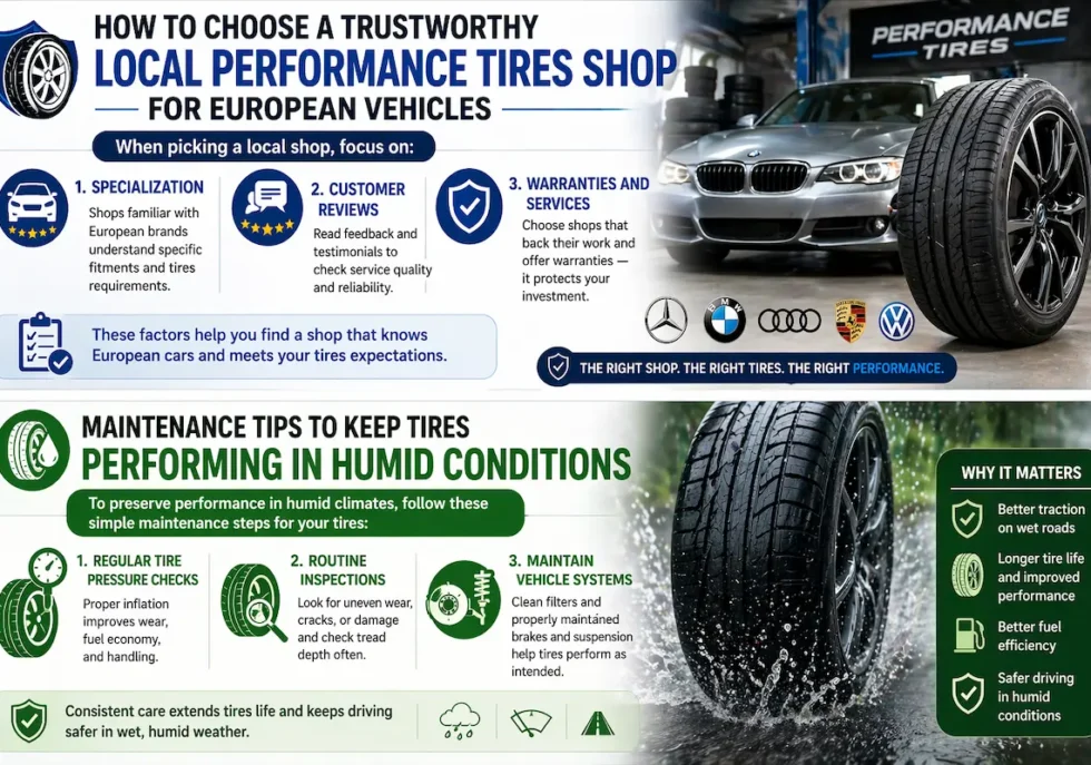 Infographic about performance tires showing how to choose a trustworthy tire shop for European vehicles and maintenance tips like pressure checks, inspections, and care for humid conditions