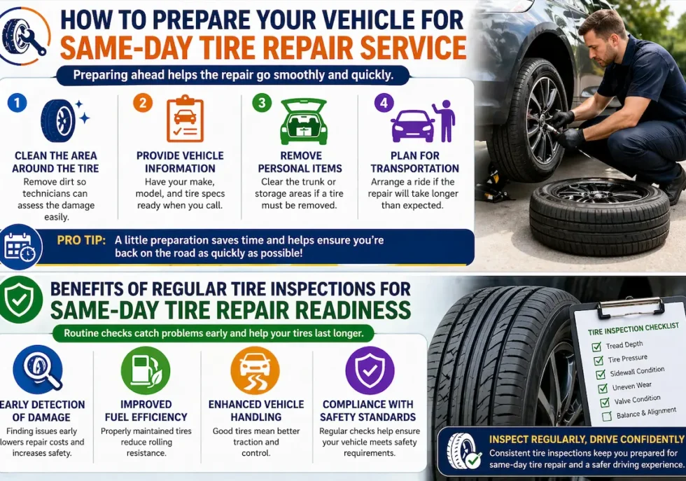 Infographic showing same-day tire repair preparation steps like cleaning the tire area, providing vehicle information, removing items, planning transportation, and benefits of regular tire inspections for safety and performance
